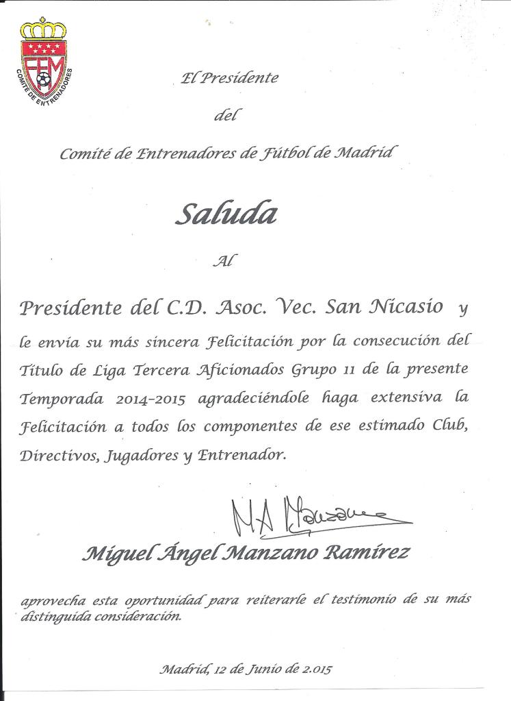 Felicitación Comité de Entrenadores Campeón Tercera Regional CD AV San Nicasio